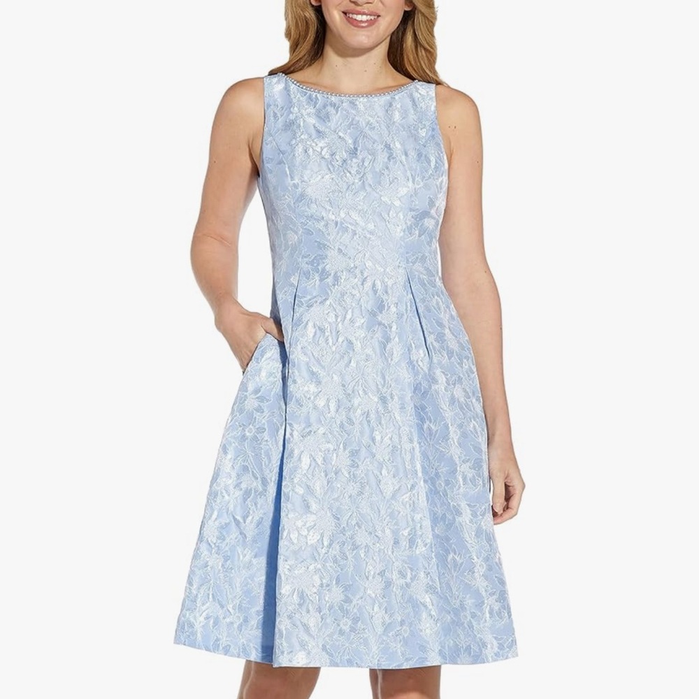 Adrianna Papell Light Blue Floral Jacquard Midi Dress